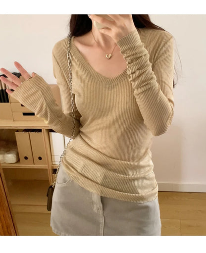 Autumn Sexy Classic V-neck Knitted Female T-shirts New Elastic Fashion Slim Simple Casual Pure Color Long Sleeves Women T-shirts