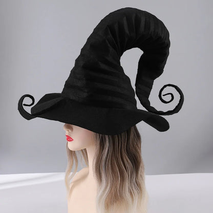 Unique handmade black witch hat for women with a tall, curled design and elegant shape