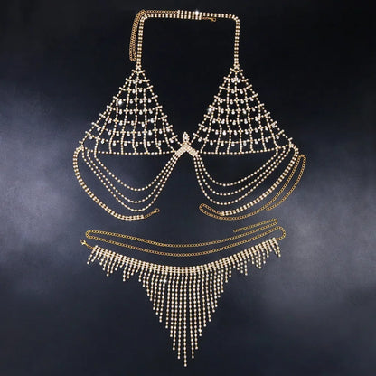 Sexy Rhinestone Bra And Thong Set For Women Bikini Nightclub Prom Body Chain Mesh bra tassel Underwear Hollow Jewelry