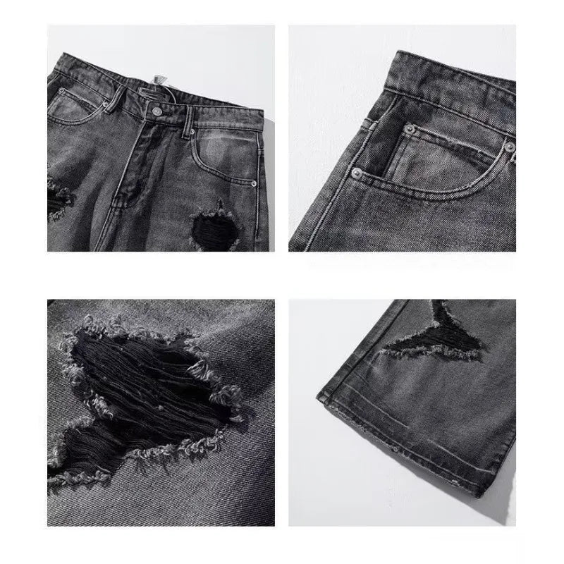 Ripped jeans for women in summer, cool, old high street American wide-leg pants loose and versatile straight trousers y2k jeans