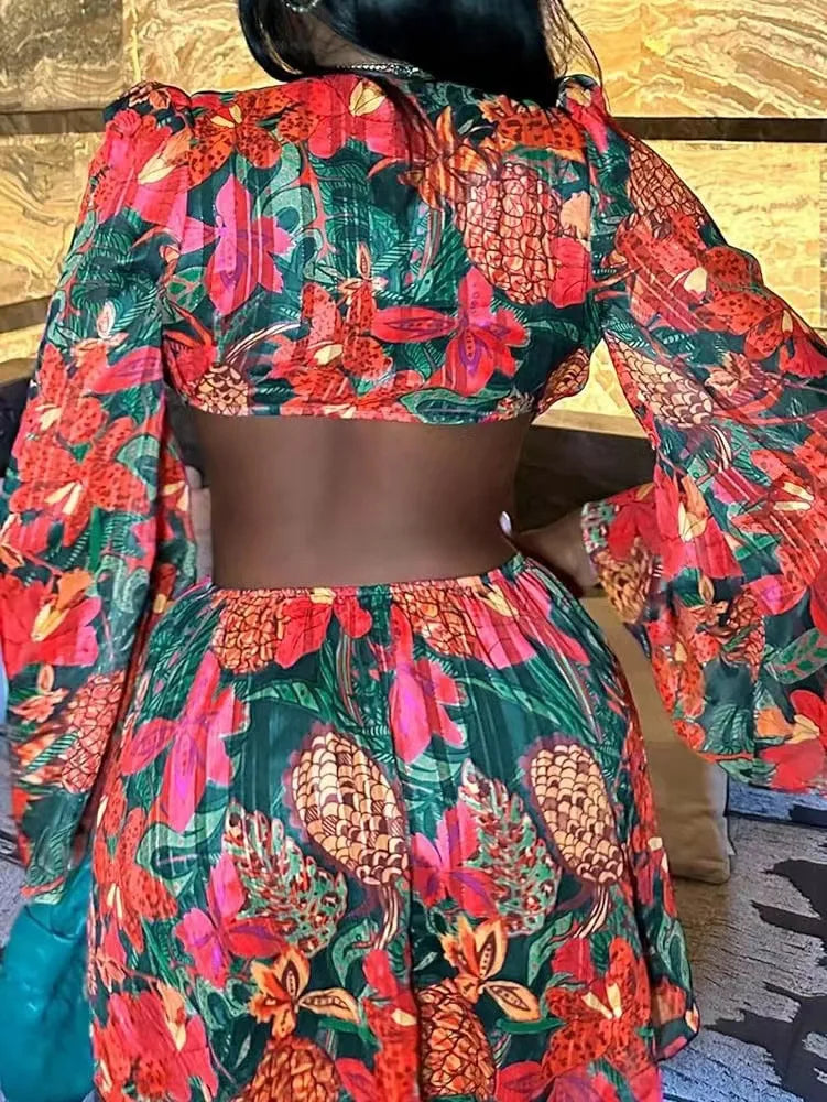 Two Piece Sets Women Skirt Set Print Floral Matching Sets V Neck Flare Sleeve Top Short Skirts Dress Sets Lace Up High Waist