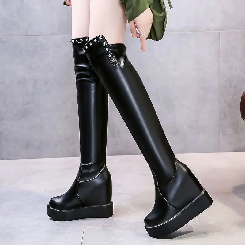 Knee Thigh High New In Women's Boots Genuine Leather Fur Long Shoes for Women Winter 2025 Wedges Chunky Platform Heeled Black
