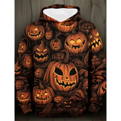 EtherealBe Halloween pumpkin hoodie for men featuring a spooky pumpkin design in vibrant orange