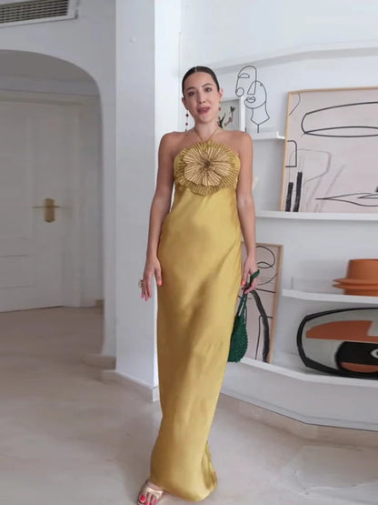 Elegant Party Women's Dress 3D Flower Halter Sleeveless Backless Mermaid Satin Female Dresses 2025 Summer Chic Evening Lady Robe