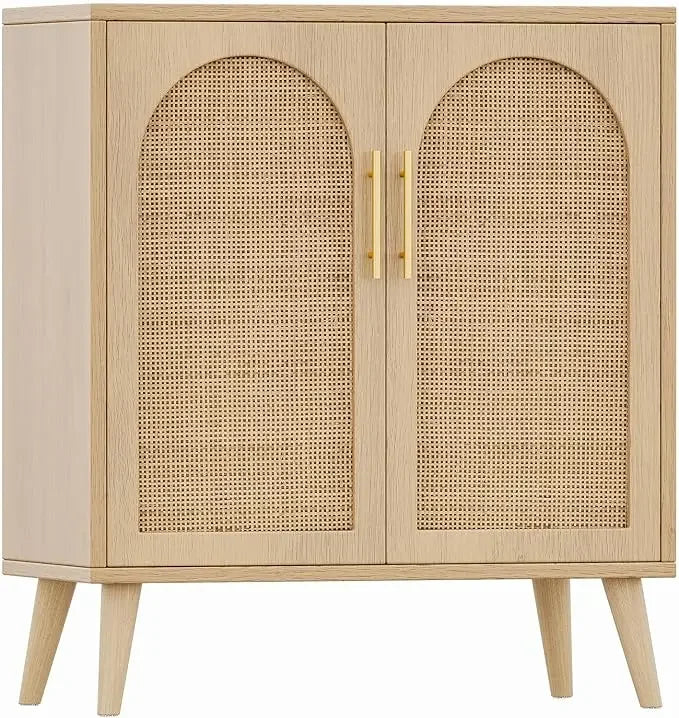 Set of 2 Rattan Storage Cabinet with Doors, Accent Bathroom Floor Cabinet, Modern Sideboard Buffet Cabinet for Living