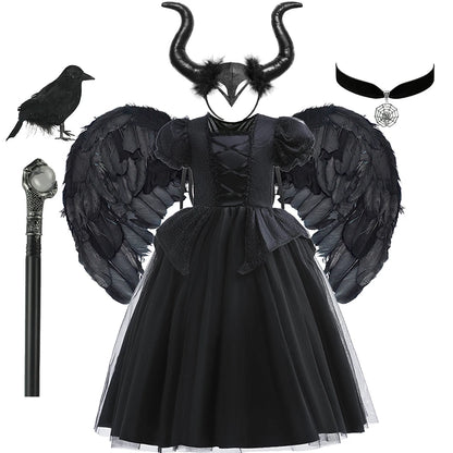 Halloween Costume For Kids Black Witch Dress Luxury Lace Sequin Evil Role Playing Costume Maleficent Dress Up Outfit Ghost Bride