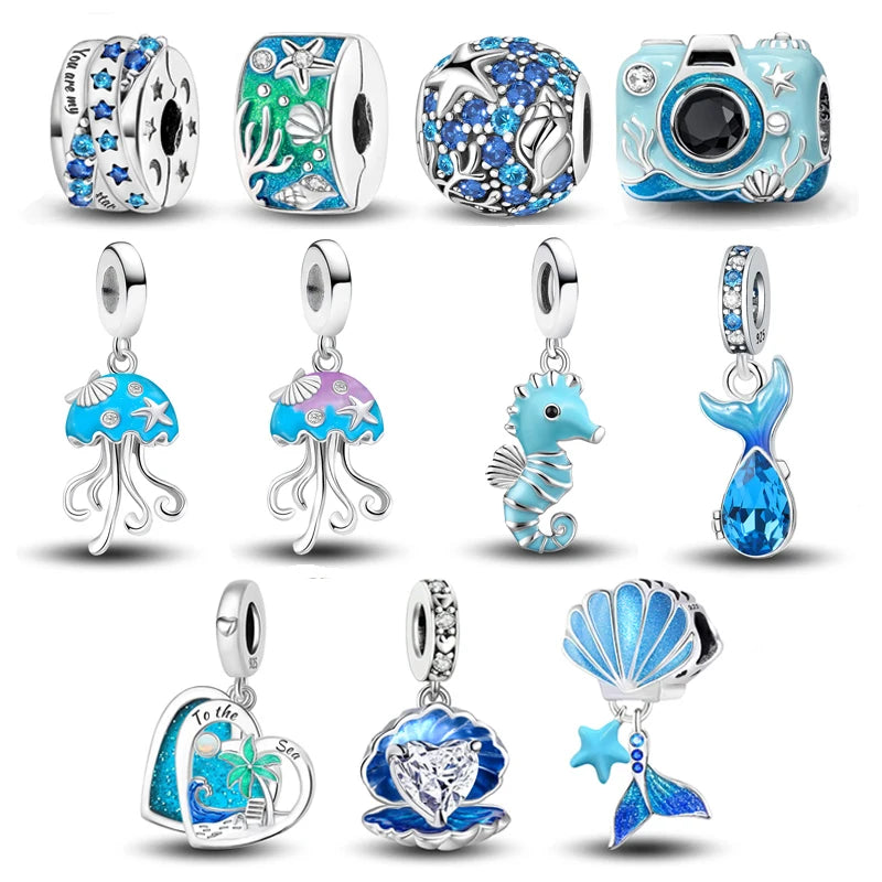 925 Sterling Silver Jellyfish Seahorse Blue Ocean Series Charms Beads Fit Diy Bracelet Making Gift of Fine Jewelry for Womens