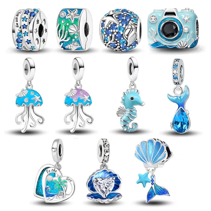 925 Sterling Silver Jellyfish Seahorse Blue Ocean Series Charms Beads Fit Diy Bracelet Making Gift of Fine Jewelry for Womens