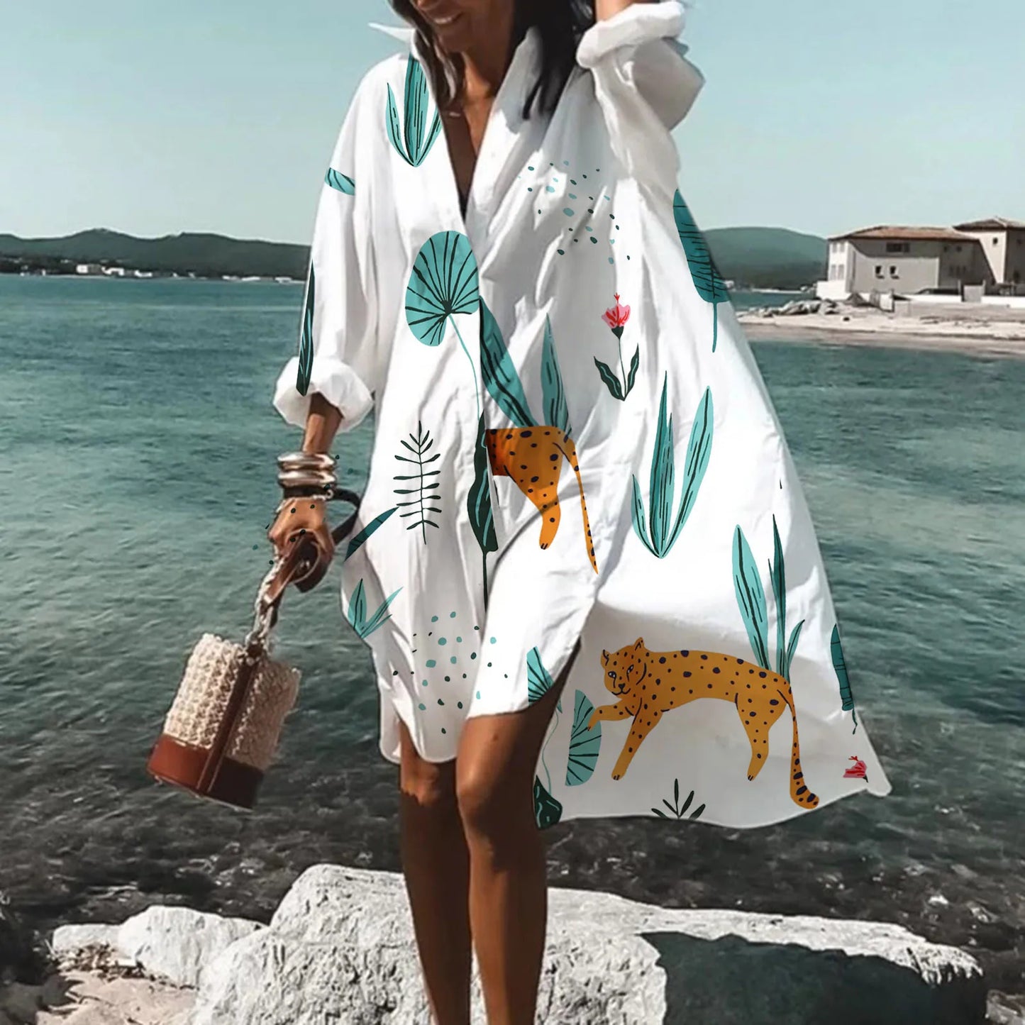 Beach Dress Bikini Cover-Up Women 2025 Bohemian Printed Beachwear Robe V-Neck Long Sleeve Swim Wear Cover Ups Loose Sundress