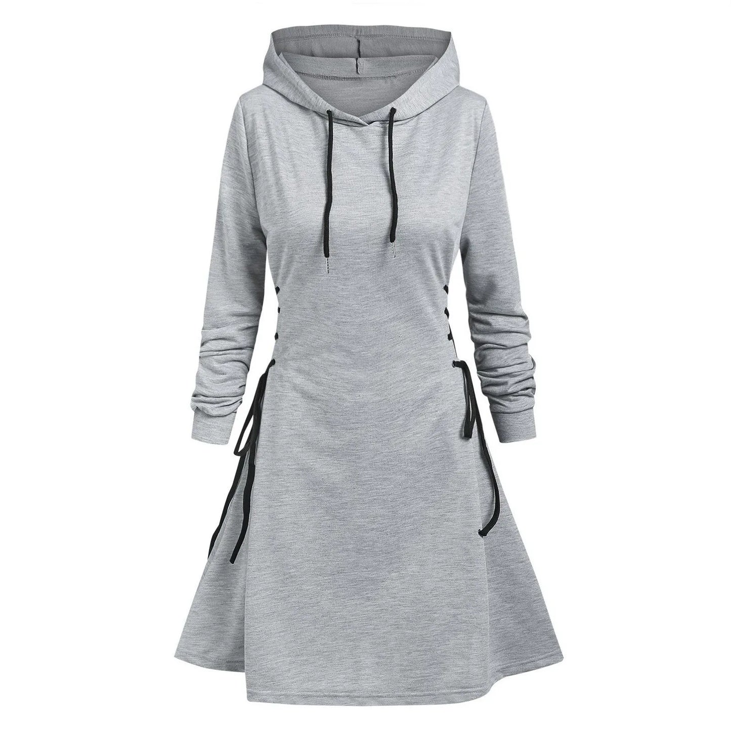 Autumn Women's Hooded Dress Casual Fashion Hoodie Dresses Long Sleeved Side Lace Up Slim Fit Short Dress Solid Color Dress
