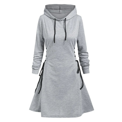 Autumn Women's Hooded Dress Casual Fashion Hoodie Dresses Long Sleeved Side Lace Up Slim Fit Short Dress Solid Color Dress