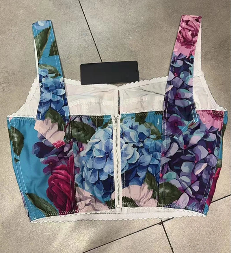 Elegant flower print sexy short tube top suspender top high waist big swing A-shaped skirt summer new two-piece women's suit
