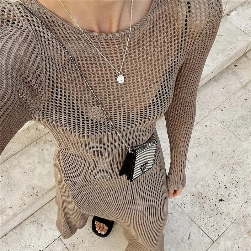 hirigin Elegant Long Sleeve Maxi Dress for Women Hollow Crochet Knit Summer Beach Cover ups Party Long Dress Club Streetwear