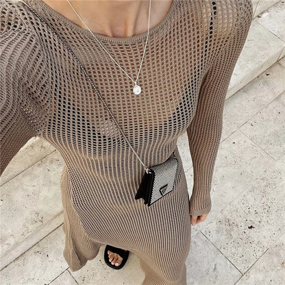 hirigin Elegant Long Sleeve Maxi Dress for Women Hollow Crochet Knit Summer Beach Cover ups Party Long Dress Club Streetwear