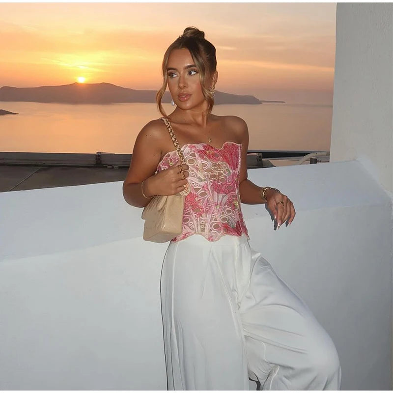 Retro Printed Strapless Long Dress Fashion Women's Sleeveless Off Shoulder Pleated Vestidos 2025 Summer Lady Beach Party Robes