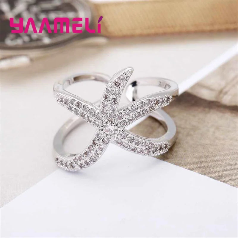 Newest Original 925 Sterling Silver Color Adjustable Ring Big Starfish Paved Shiny White Crystals Opening Rings Women Accessory