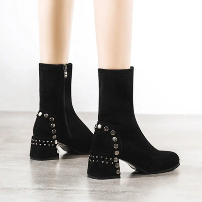 Mid Calf Round Toe Black Shoes For Women Ladies Boots Biker Footwear Studded Half High Gothic Hot Stylish And Low Price Pu