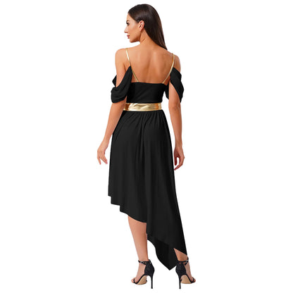 Womens Ancient Greek Costume Halloween Roman Queen Cosplay Dress Metallic Shiny Off Shoulder Sling Carnival Roleplay Dress Up