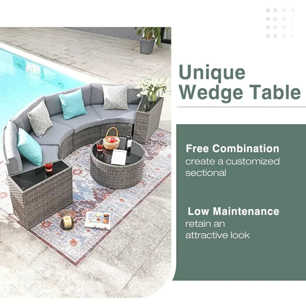 Outdoor Patio Furniture Sectional 7-Piece Half-Moon Curved Outdoor Sofa Set with Round Coffee Table,4 Pillows & Waterproof Cover