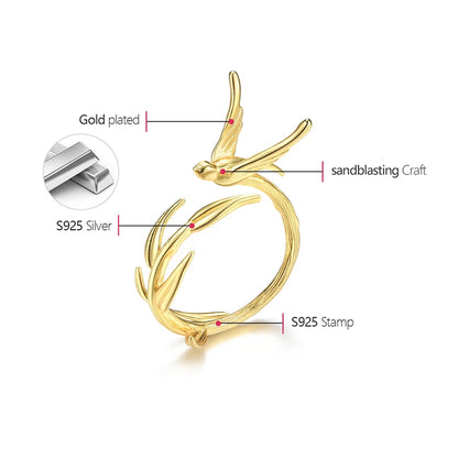 Lotus Fun 18K Gold Swallow Willow Branch Unusual Asymmetrical Rings for Women Real 925 Sterling Silver Original Fine Jewelry