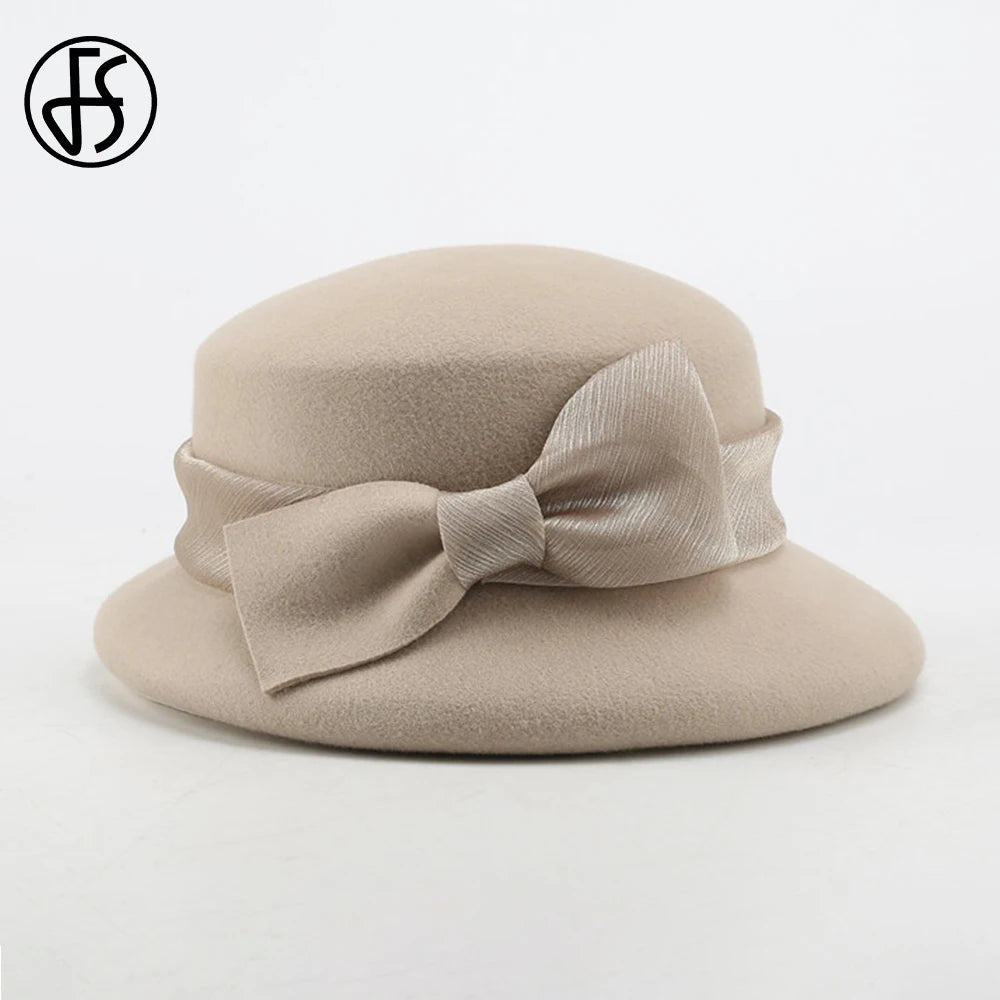 FS Fashion Warm Wool Felt Women's Fedoras Simple Chic Hats Bowknot Bucket Cap Ladies Top Hat Vintage Caps For Women
