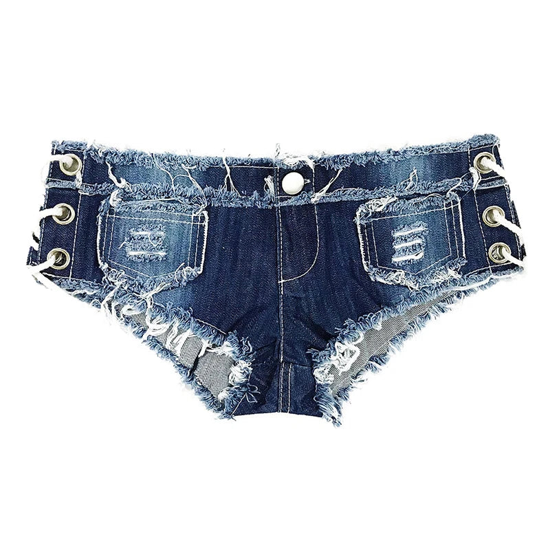 616 # Summer Sexy Low Waist Lace up Strap Hollow Hole Women's Denim Shorts and Jeans