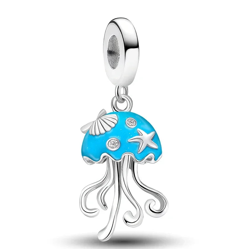 925 Sterling Silver Jellyfish Seahorse Blue Ocean Series Charms Beads Fit Diy Bracelet Making Gift of Fine Jewelry for Womens