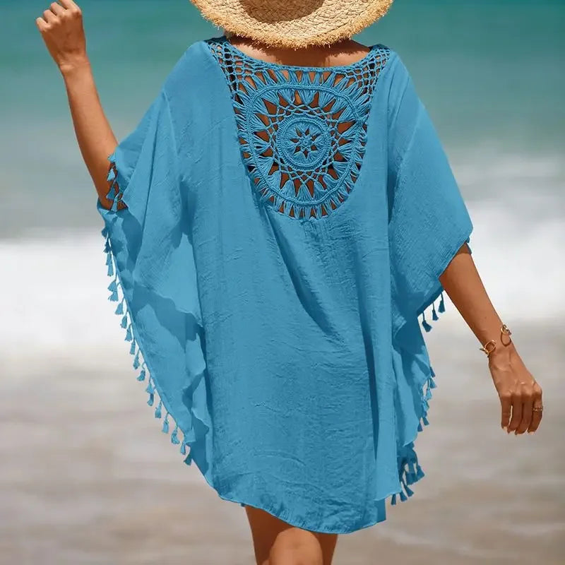 Women Casual Bohemian Holiday Outfits Beachwear Bikini Cover Up Summer Solid Color Hollow Out Beach Dress