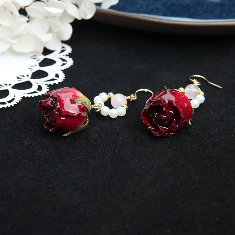 Unique Immortal Flower Earrings Elegant Natural Flower Pearl Drop Earrings Statement Jewelry Epoxy Resin Real Rose Earring 2024