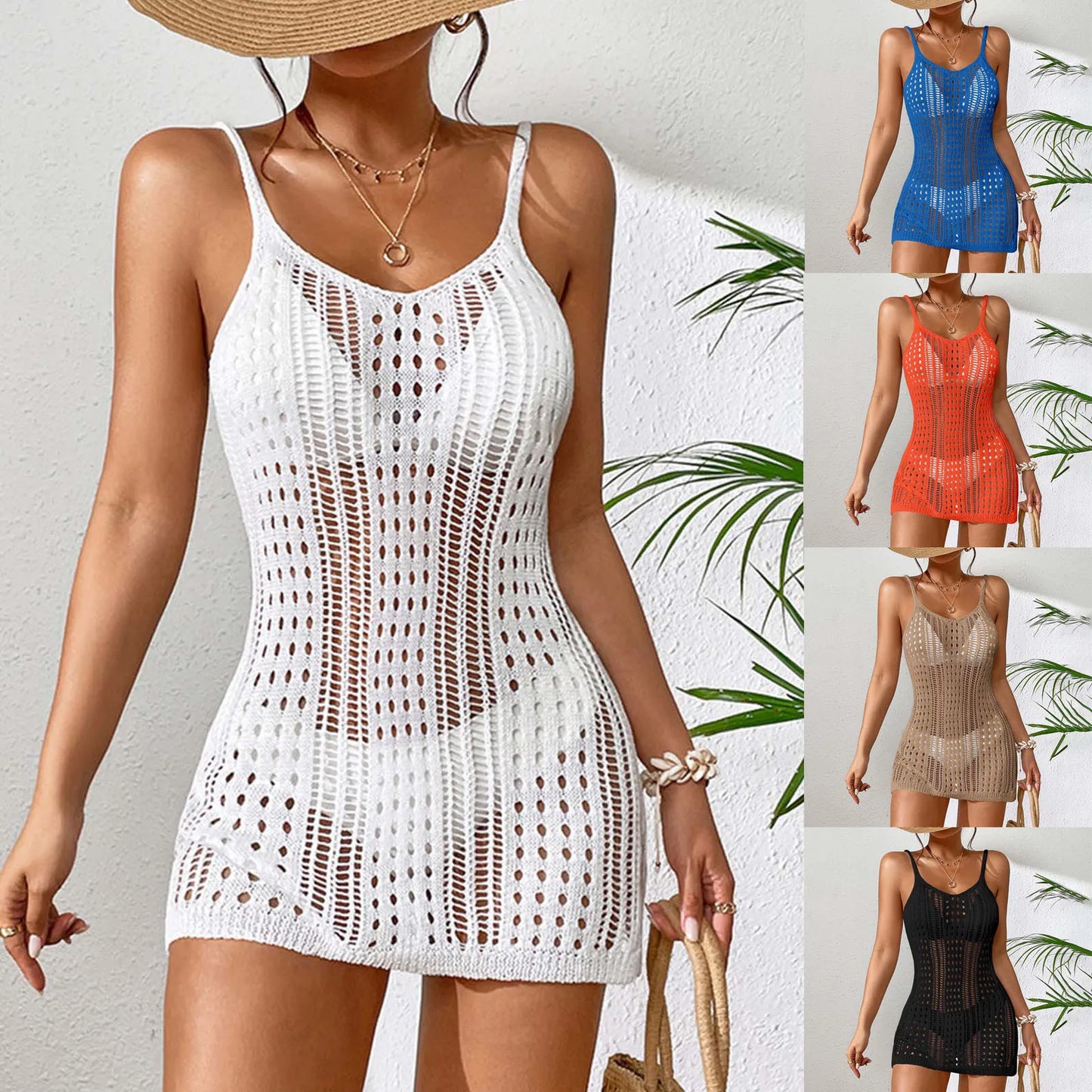 Women'S Sexy Sheer Knit Textured Crochet Overlay Spaghetti Strap Short Dress Beach Cover Women S Swim Cover Ups Halter Cover Up