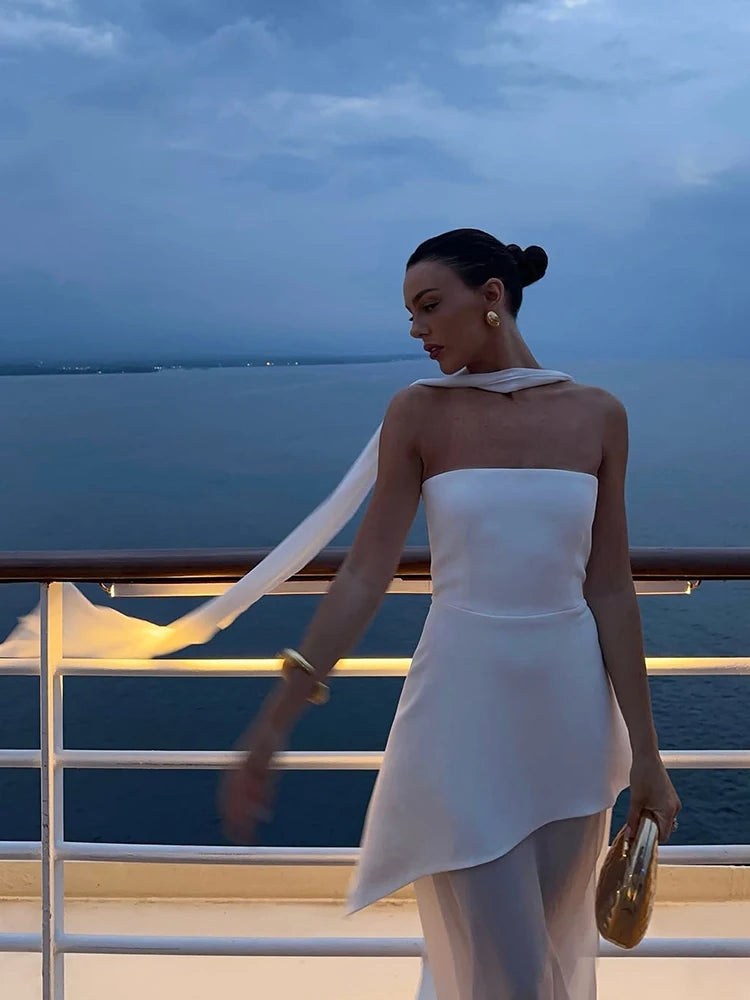 2025 Summer Women Fashion Strapless Dress With Ribbon Patchwork Elegant Sleeveless Mesh Split Dress Vacation Beach Long Dresses