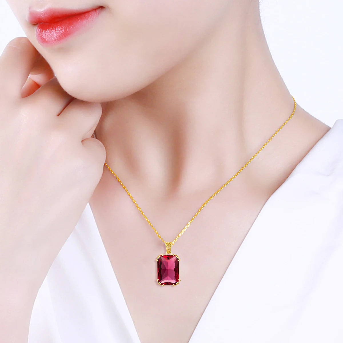 Unique Red Stone Ruby Necklace Gold For Women 13*18mm Rectangle 12 Colour Birthstone Pendant  Jewelry Luxury Christmas Gift Sale