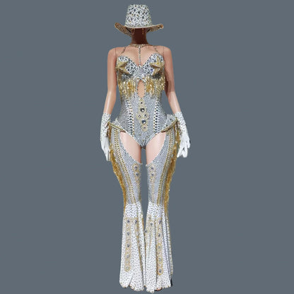 Women Sparkly Rhinestone Red Bodysuit 4Pieces Set Nightclub Party Stage Show Outfit Cabaret Carnival Showgirl Sexy Wear Hongding