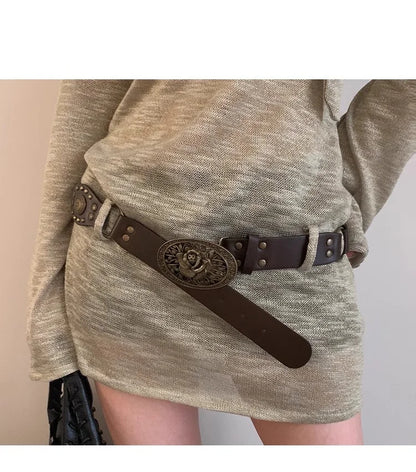 N Retro Ethnic Belt Y2K Bohemian Dress With a Wide Brown Belt