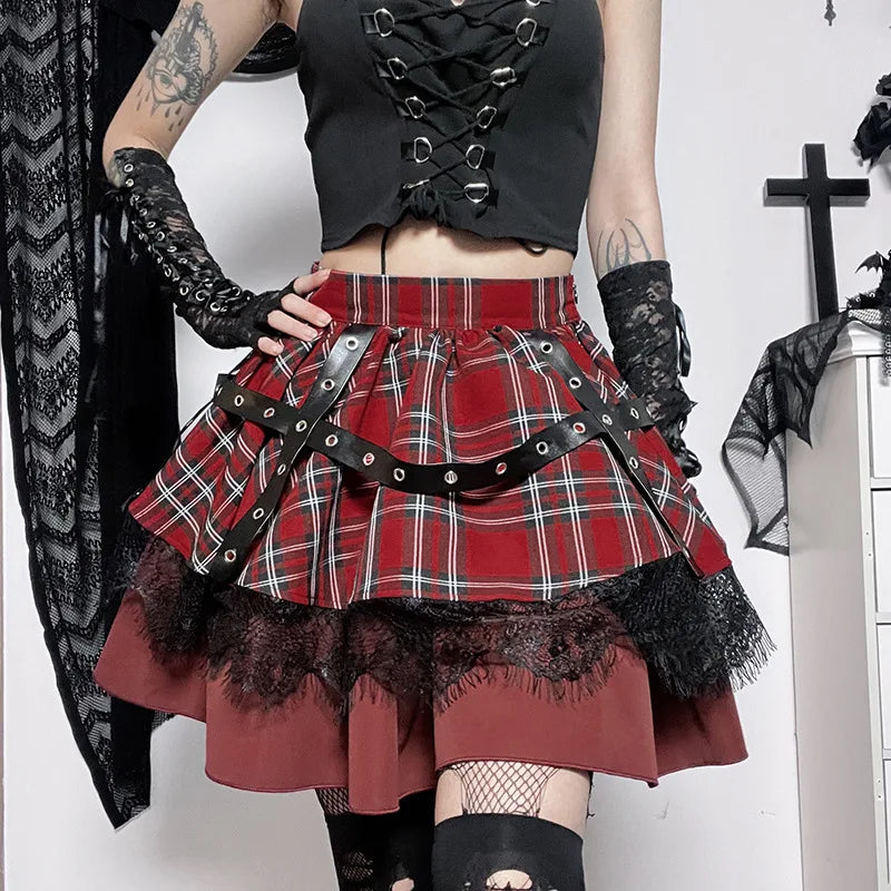 plus Size Gothic Harajuku Plaid Pleated Skirt Y2K Lolita Sweet Lace Mini Punk Kawaii Cosplay Costume Girls Clothing