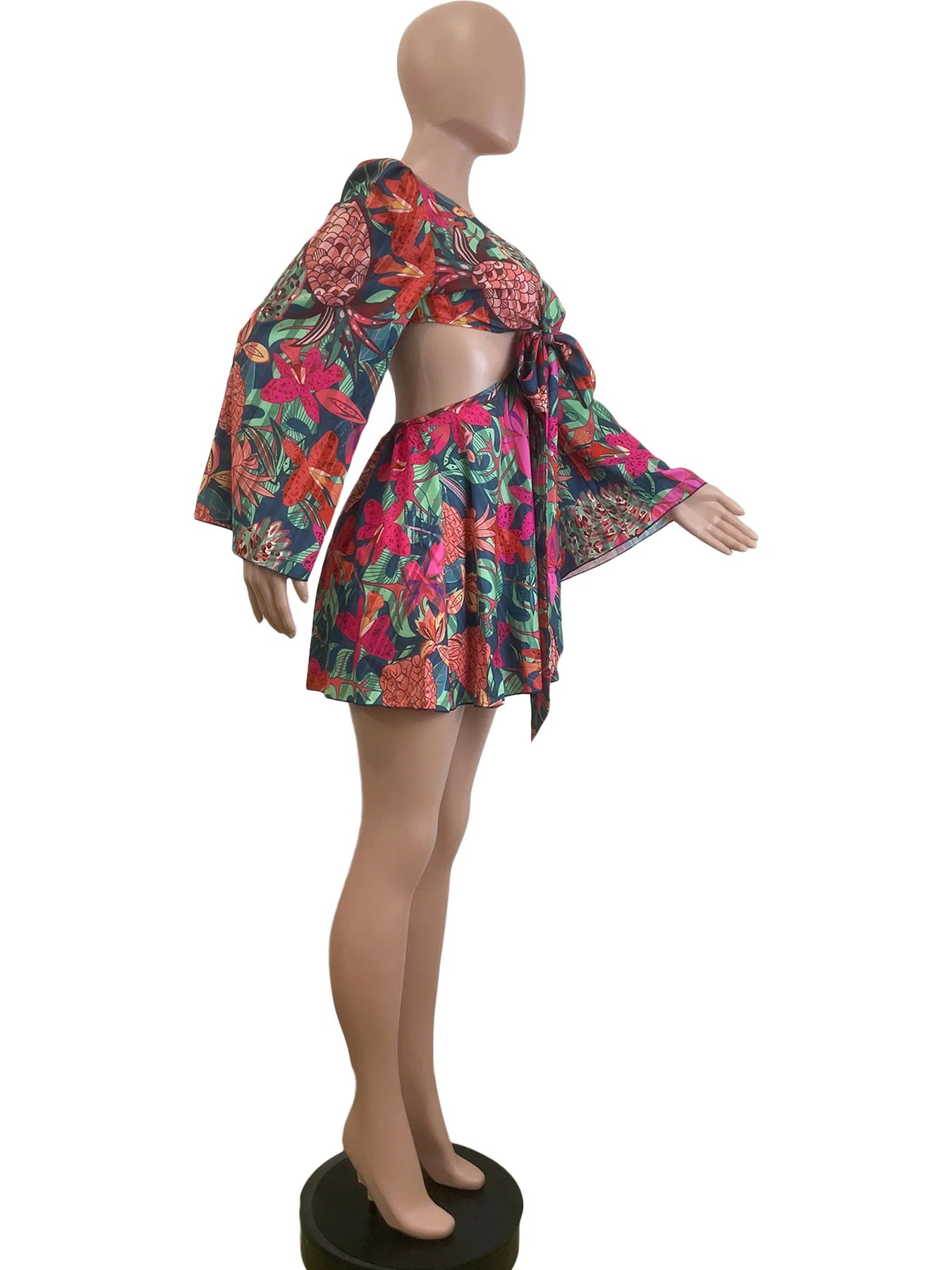 Two Piece Sets Women Skirt Set Print Floral Matching Sets V Neck Flare Sleeve Top Short Skirts Dress Sets Lace Up High Waist