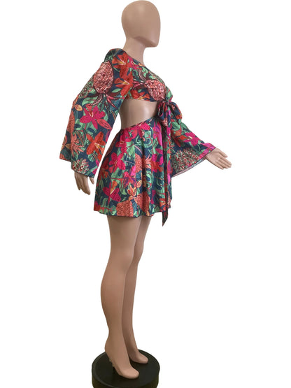 Two Piece Sets Women Skirt Set Print Floral Matching Sets V Neck Flare Sleeve Top Short Skirts Dress Sets Lace Up High Waist