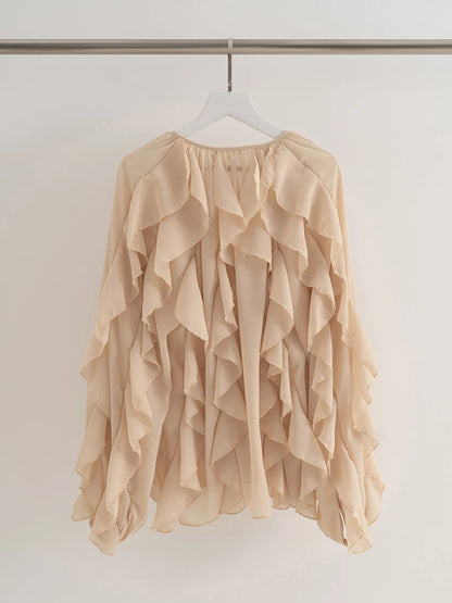 Spring Solid Ruffle Blouse Women 2025 New V Neck Single Breasted Long Sleeve Blouses Vintage Fashion Casual Shirt Tops Female