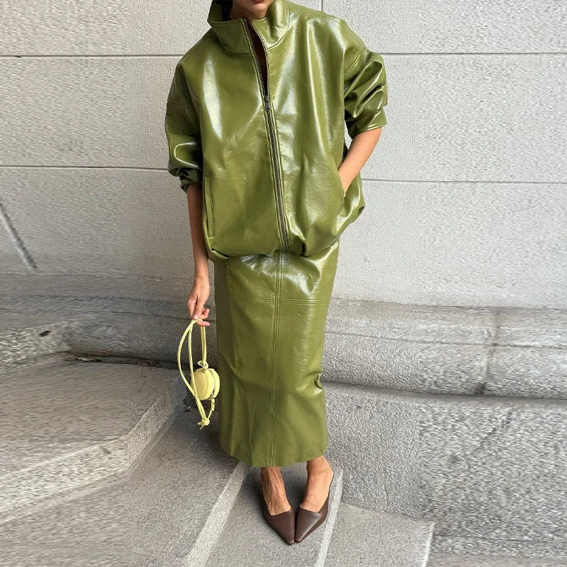 Vintage Solid Pu Leather Jacket Skirt Set High Neck Coat Slim Fit Long Skirt Coats Skirt Sets 2025 New Autumn Winter Lady Outfit