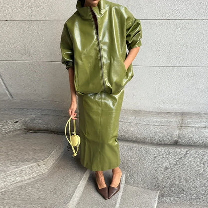 Vintage Solid Pu Leather Jacket Skirt Set High Neck Coat Slim Fit Long Skirt Coats Skirt Sets 2025 New Autumn Winter Lady Outfit