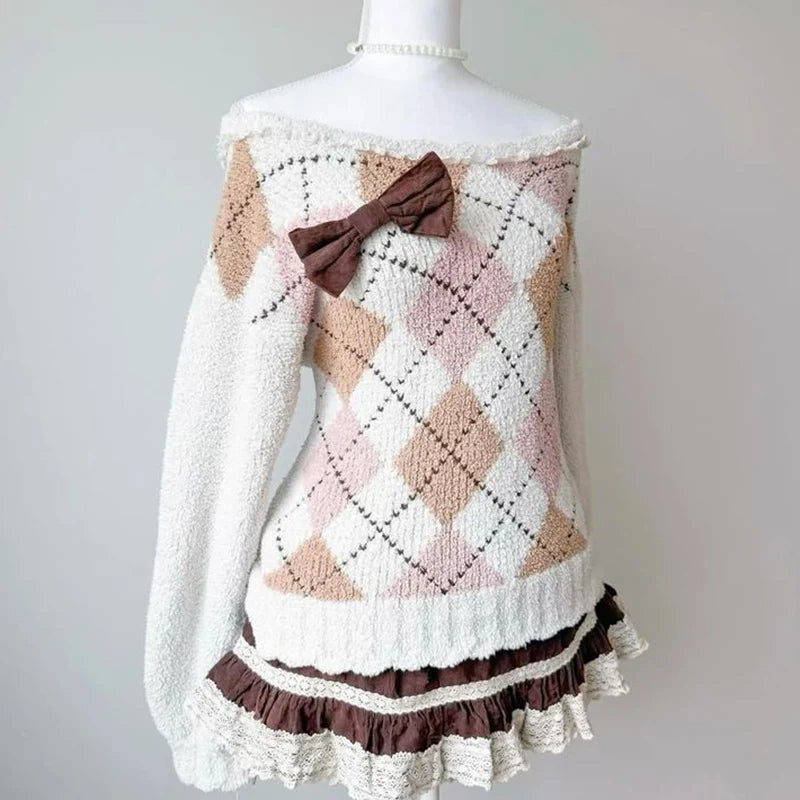 NEW Fall Winter Sweater Casual Slim Fit Chic Solid Color Ribbon Decoration One-shoulder Pullover Y2K Harajuku Womens Streetwear