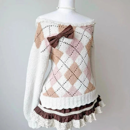 NEW Fall Winter Sweater Casual Slim Fit Chic Solid Color Ribbon Decoration One-shoulder Pullover Y2K Harajuku Womens Streetwear