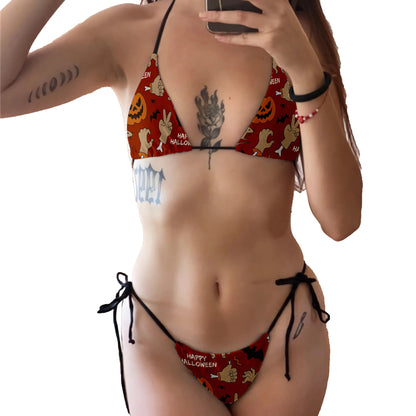 EtherealBe skull print bikini set red Halloween skull pumpkin ghost pattern triangle top tie side bottoms