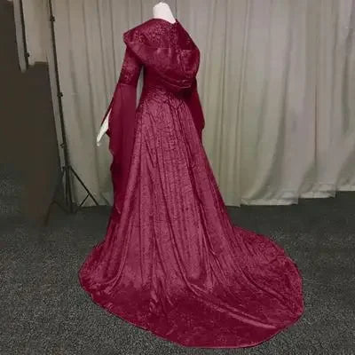 Women Deluxe Witch Dress Medieval Renaissance Maxi Train Dress Halloween Devil Pagan Witch Wedding Cos Costume Hooded Gown Robe