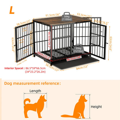 Large Wooden Dog Crate Indoor Furniture Style Elevated Pet Dog Cage Kennel End Table Lattice Playpen with 3 Doors Removable Tray