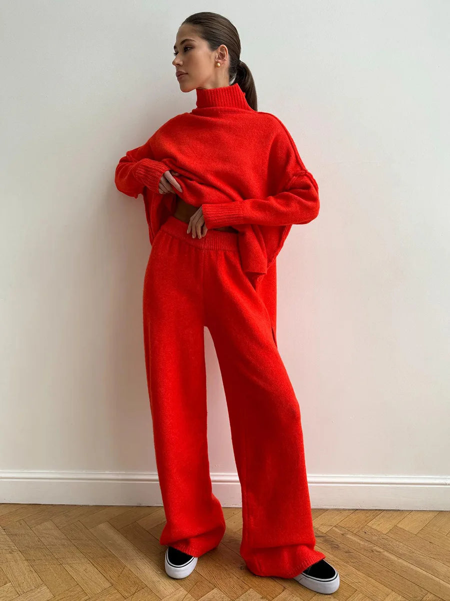 Bornladies Women's Autumn Winter Turtleneck Sweater Pants Set Loose Casual Knitted Sweater  Thicke Loose Pullover 2 Pieces Sets
