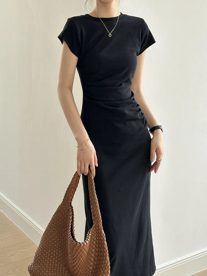 Slim Fit T-irt Dr Women's Spring Summer ort Sve Pleated Waist Cinching A-Line Midi Dr Small Stature 50