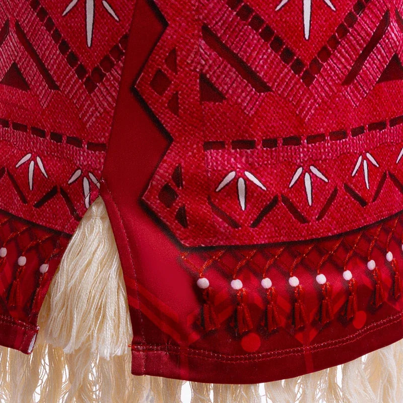 EtherealBe kids Moana 2 Halloween costume with vibrant red design and fringe details