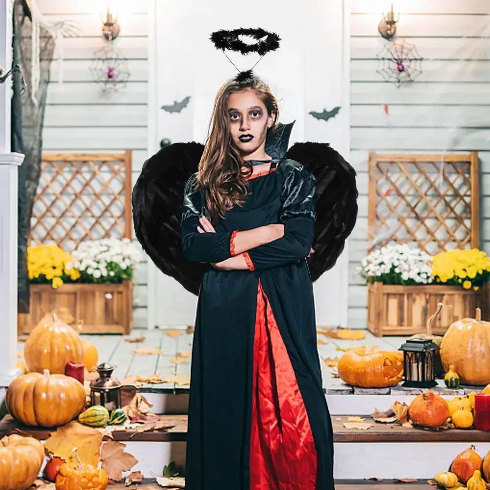 Angel wings halo costume set featuring a black dress with red accents and dramatic wing details