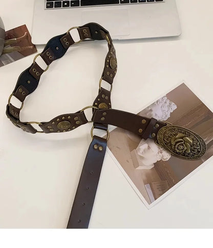 N Retro Ethnic Belt Y2K Bohemian Dress With a Wide Brown Belt